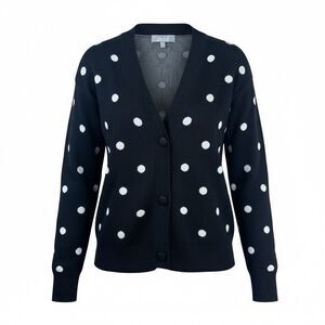 Marled V-Neck Cardigan Sweater Small Black‎ White Polka Dot Button Up Academia